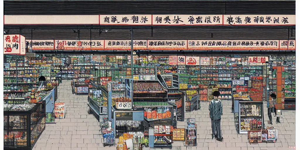 Image similar to a supermarket in hong kong, by dan mumford and peter doig and edward hopper, symmetrical, minimal, black ink, thick lines highly detailed, muted colours, overlaid with chinese adverts, 8 k