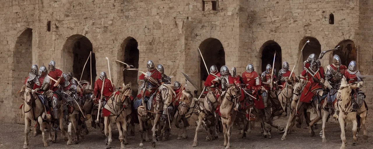 Image similar to medieval knights defending a large mound of spaghetti behind the castle gates, small details, realistic faces, intricate, canon 5 0 mm, high detail, intricate, cinematic lighting, photography, wes anderson, film, kodachrome