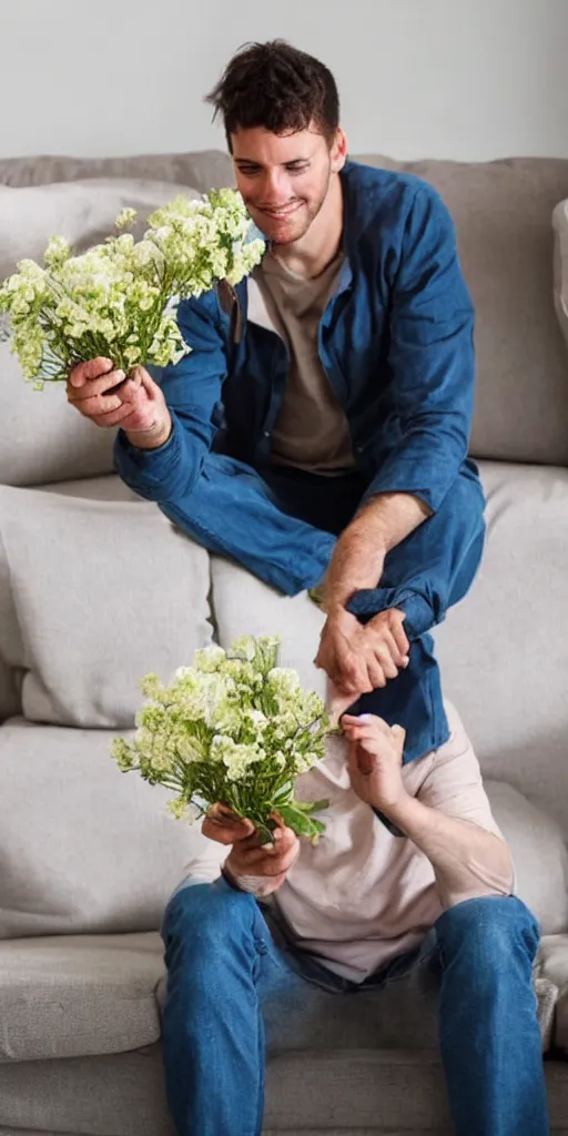 Image similar to a man sitting on the couch with a bunch of flowers in his hand