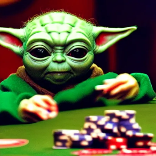 Image similar to baby yoda in a casino playing poker