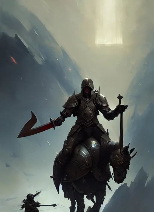 Image similar to epic war commander with futuristic helmet holding two gigantic sword and riding a standing horse. highly detailed, digital painting, concept art, smooth, sharp focus, illustration, art by greg rutkowski
