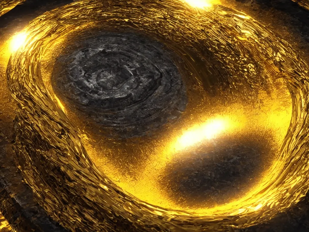 Prompt: fluid gold swirling into a black whole, wide angle perspective, 8 k, unreal engine 5, 3 d animation, big depth of field