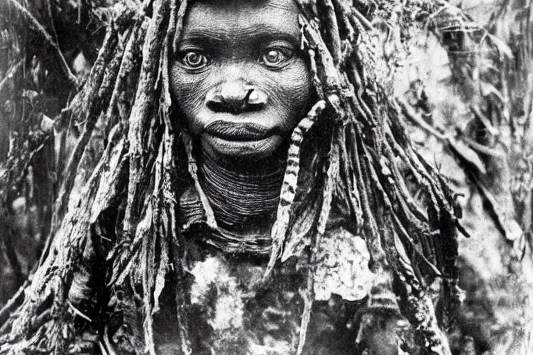 Image similar to a 1905 colonial closeup photograph of an African scary tribal voodoo ghost in a village at the river bank of Congo , Thick jungle,scary, evil looking, wide angle shot