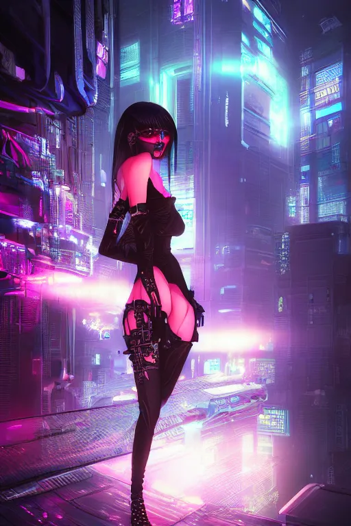 Image similar to portrait futuristic sinful cyberpunk young female necromancer, in futuristic moonlighting tokyo rooftop cyberpunk night, ssci-fi, fantasy, intricate, very very beautiful, elegant, neon light, highly detailed, digital painting, artstation, concept art, soft light, hdri, smooth, sharp focus, illustration, art by tian zi and craig mullins and WLOP and alphonse mucha