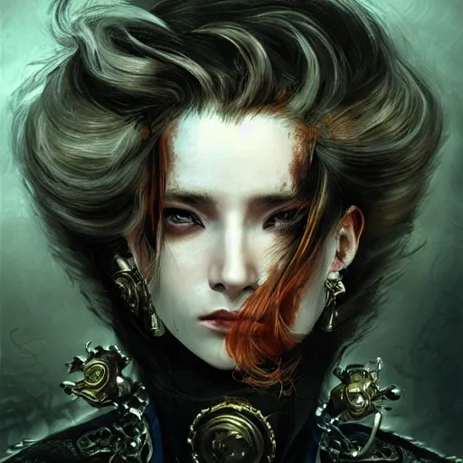 Prompt: portrait, headshot, insanely nice professional hair style, dramatic hair color, digital painting, of a old 17th century, old cyborg merchant, amber jewels, baroque, ornate clothing, scifi, realistic, hyperdetailed, chiaroscuro, concept art, art by Franz Hals and Jon Foster and Ayami Kojima and Amano and Karol Bak,