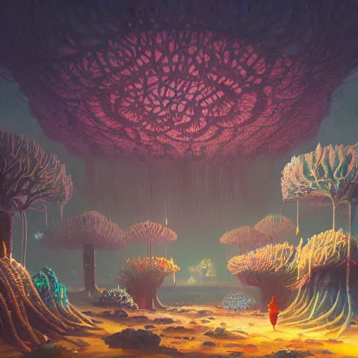 Image similar to beautiful painting of lights and corals blooming in the white mind\'s city in the style of Simon Stålenhag and H. R. Giger, detailed, trending on Artstation