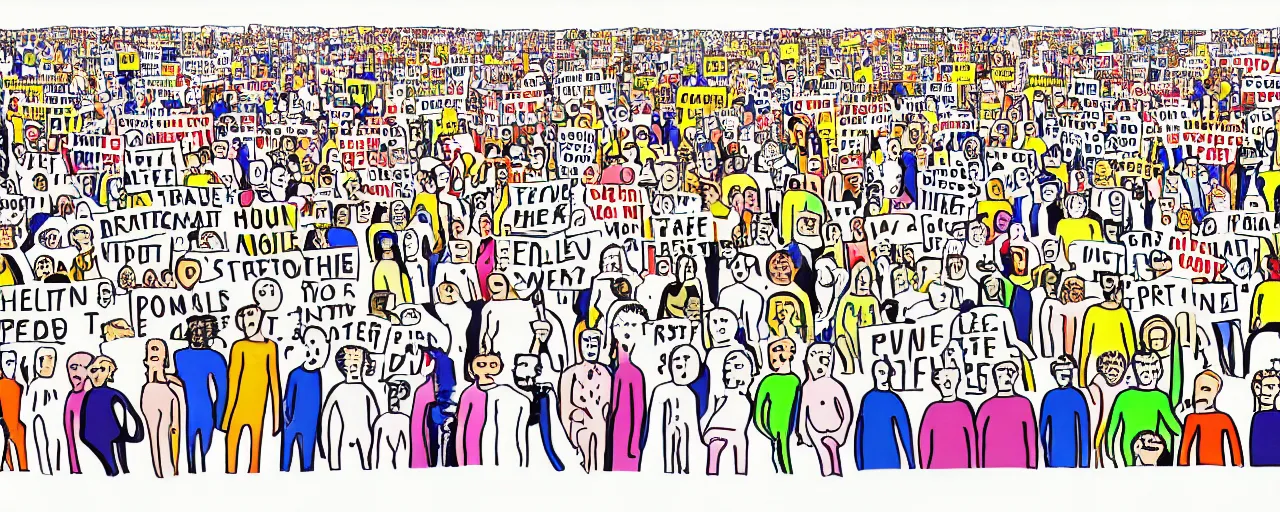 Image similar to a doodle of a crowd of very ordinary protestors with signs, front angle, by david shrigley, illustration, pen and ink, flat color, colorful drawing, facing front, anatomically correct, beautiful perfect face, sharp focus, highly detailed, cinematic lighting, 8 k, hd