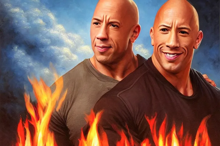 Image similar to portrait of vin diesel and dwayne the rock johnson cuddling next to a fire, an oil painting by ross tran and thomas kincade