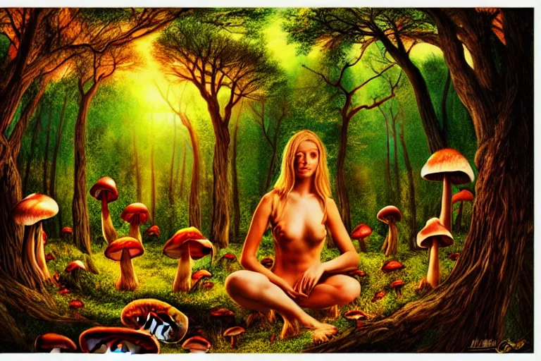 Prompt: a realistic portrait of a beautiful mushroom goddess in an enchanted psychedelic mushroom forest, at sunset,