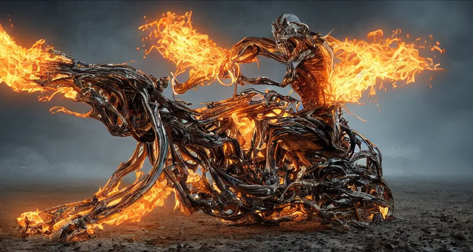 Image similar to Ghost Rider Designed By Moebius Yasushi Nirasawa and HR Giger, full body action pose, hyperrealistic, octane render, HDR, volumetric lighting,