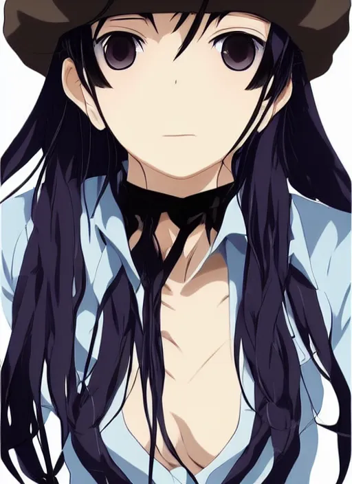 Prompt: key anime visual of a beautiful girl wearing a beige beret and blue shirt; long black hair; anime; drawn by Shigenori Soejima; 3 tone colors