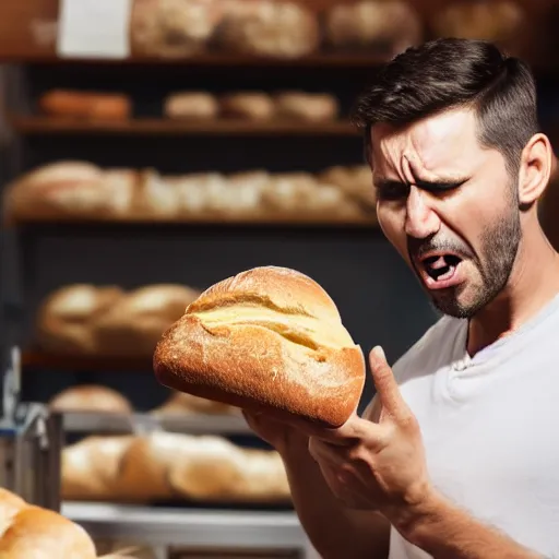 Prompt: man angrily shouting at a loaf of bread, 4 k
