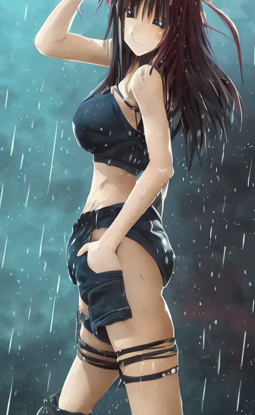 Prompt: anime woman, soft eyes and narrow chin, dainty figure, long hair straight down, torn overalls, sports bra, skimpy shorts, combat boots, fish net leggings, basic white background, side boob, in the rain, wet shirt, symmetrical, single person, style of by Jordan Grimmer and greg rutkowski, crisp lines and color,