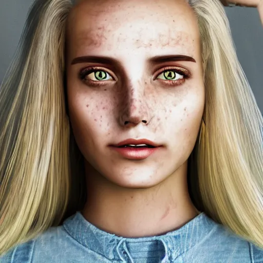 Image similar to !dream Portrait of a Blonde Girl, Young Beautiful Face, Green Eyes, Freckles, Wearing a white crop-top and jeans, with a subtle smile, Detailed, 8K, Epic, Charming, Character, Octane Rendering, Hyper Realistic