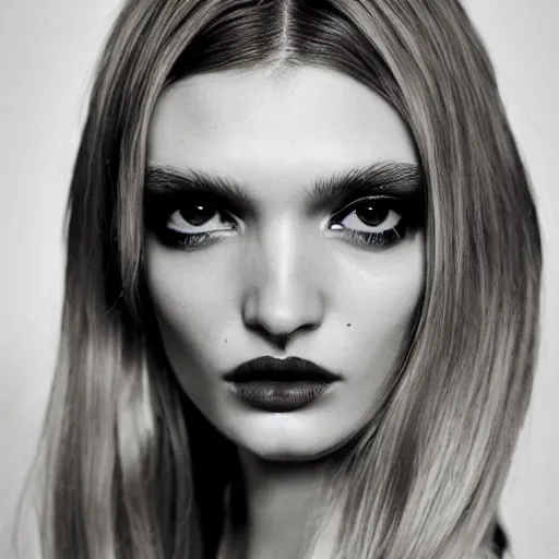 Prompt: A beautiful portrait of Lily Donaldson as a model at Versace fashion show Spring/Summer 2009, highly detailed, in the style of cinematic, fashionweek backstage,makeup by Pat Mcgrath, Shot by Terry Richardson