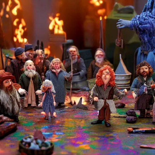 Prompt: claymation of bilbo's birthday party, gandalf, fireworks, frodo, pippin, merry, gritty, tilt shift, award winning, highly textured, very detailed