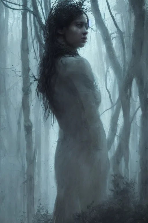 Image similar to portrait of a young woman, covered in cobwebs, dramatic lighting, cinematic, dark forest, head and shoulders, greg rutkowski