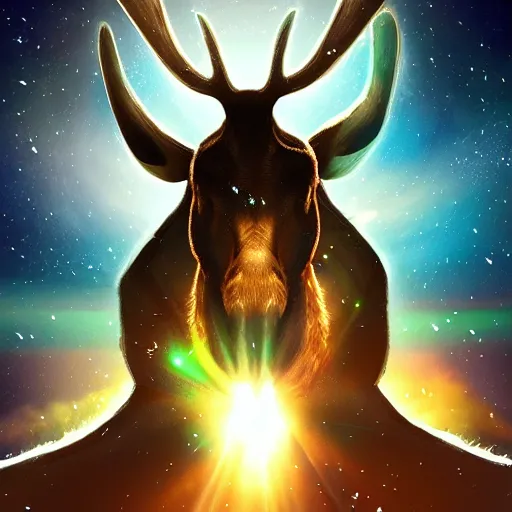 Image similar to a majestic space moose, soaring through space, digital art, trending on artstation