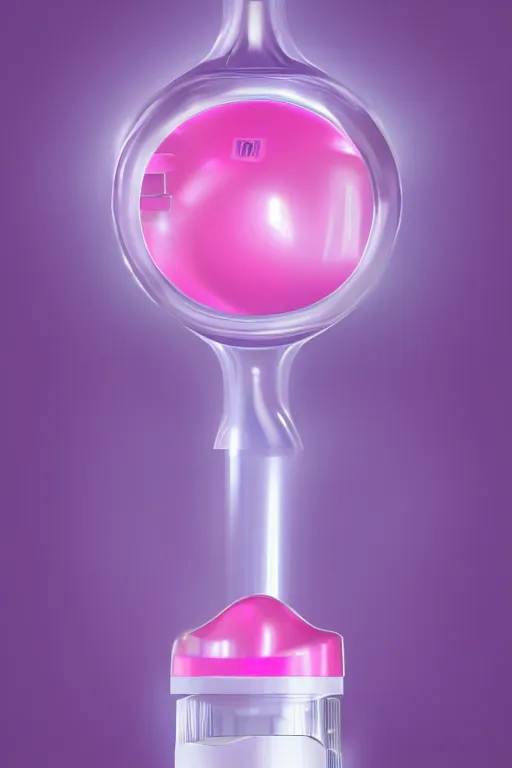 Image similar to Pink Vapor Inhalation Machine Connected to a Spherical Bottle of Pink Liquid Diapers by a Tube, Pink Vapor Leaking from an Oxygen Mask, fantasy, magic, ultra detailed, digital art, trending on artstation, illustration, medical laboratory