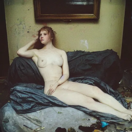 Image similar to “a girl Ophelia by Sir John Everett Millais laying on a dirty mattress covered in filth and garbage in an dark concrete basement room. 35mm film. Cursed image.”