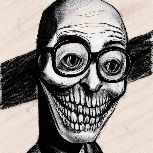 Image similar to grunge drawing of Klaus Schwab in the style of jack skellington and Jacob Shaw,creepy, surreal, trending on artstation, bold and vivid colour