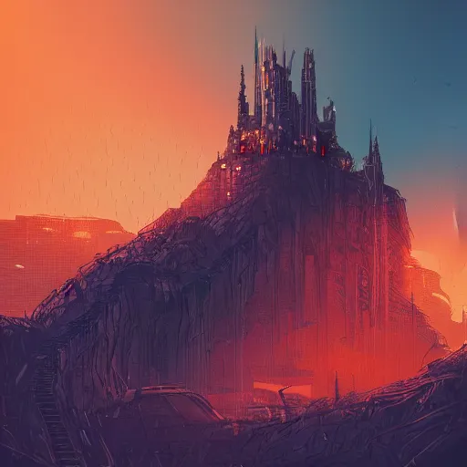 Image similar to detailed dystopic cyberpunk illustration of steep long zig - zag path to an evil sharp fantasy castle over a high dark blue hill, orange to pink gradient sky and thunderstorm background. forest underneath