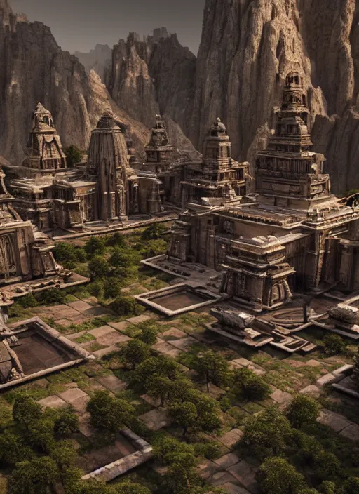 Image similar to landscape of futuristic ancient temples, magical, detailed terrain, ultra realistic, cinematic lighting, depth of field, trending on artstation