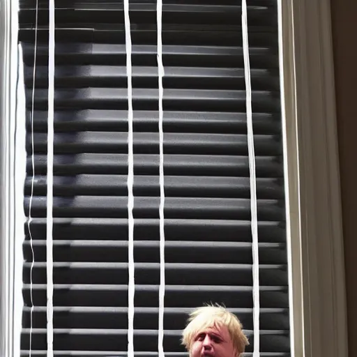 Image similar to window blinds in a house being pulled back to reveal a terrifying boris johnson staring at you through the window with his hand on the window, horror, black and white