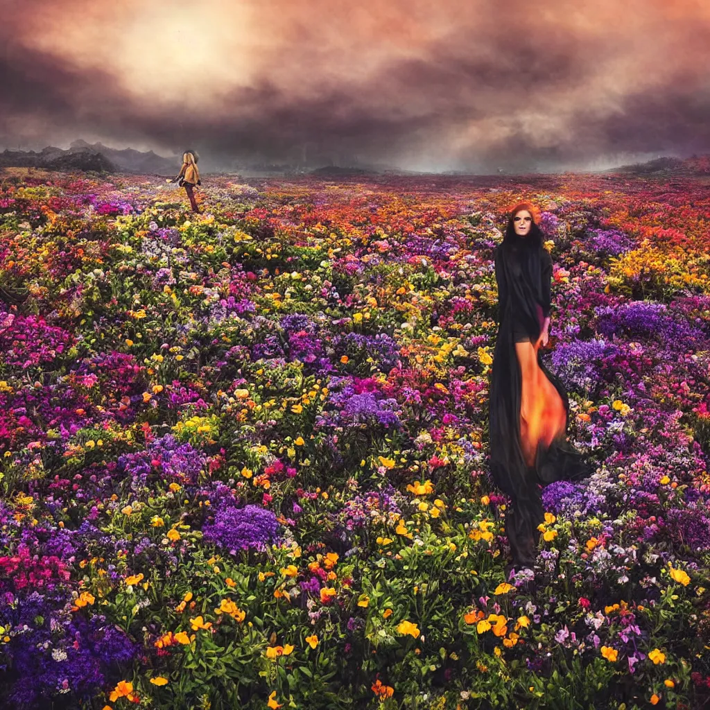 Image similar to a planet of various flowers, fungus and plants, in which the human figure is dressed in something magical and impressive, inside the picture is infinity, sunset light, Atmospheric phenomenon, artistic photography, muted colors, conceptual, long exposure outside the city