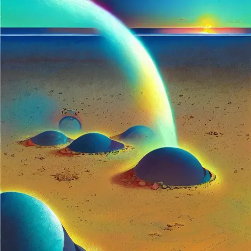 Image similar to a desert and an ocean on a strange planet, by bruce pennington, by sam freio, by thomas rome, by victor mosquera, juxtapoz, behance, dayglo, prismatic, iridescent