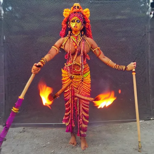 Prompt: hindu goddess of firespinning, burning man, fire poi, fire staff, tesseract, intricate