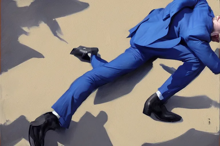 Prompt: greg manchess portrait of a blond man in a blue suit falling towards the ground, profile picture, organic painting, sunny day, matte painting, bold shapes, hard edges, street art, trending on artstation, by huang guangjian, gil elvgren, ruan jia, randy vargas, greg rutkowski
