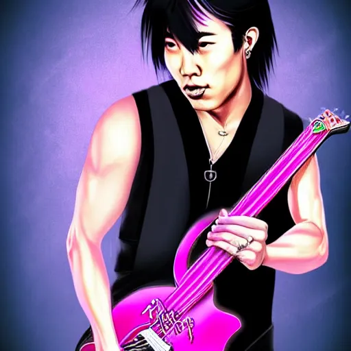 Prompt: asian rocker guy with a stoic expression, wearing a black vest and playing a pink guitar, smoke in the background, full color digital illustration in the style of frank frazetta,, artgerm, artstation trending