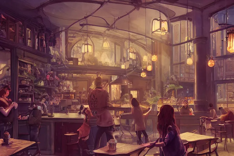 Image similar to a storybook illustration of inside a coffee shop, hyper realistic, ambient lighting, concept art, intricate, hyper detailed, smooth, dynamic volumetric lighting, octane, raytrace, cinematic, high quality, high resolution, 4 k