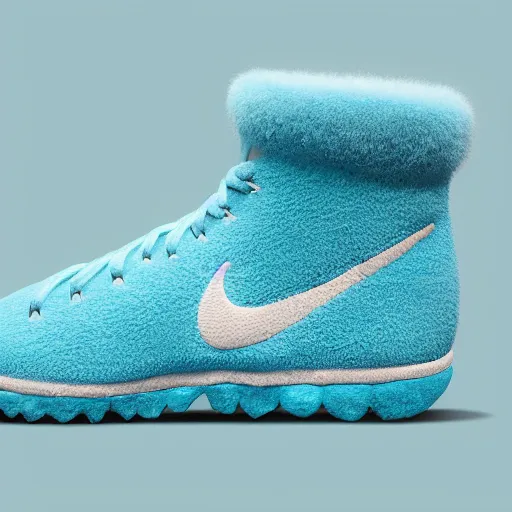 Image similar to nike shoe made of very fluffy cyan faux fur placed on reflective surface, professional advertising, overhead lighting, heavy detail, realistic by nate vanhook, mark miner