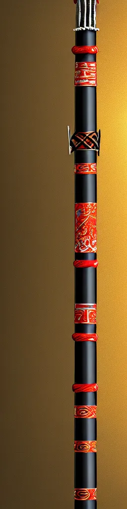 Image similar to single wooden long straight thin ninja fighting staff with oriental ornaments, weapon, highlight, vertical, centred, highly symmetric, sci - fi, fantasy, japan, dnd, close shot, bright uniform background, directional lighting, digital art, hyperrealism, award winning, 8 k