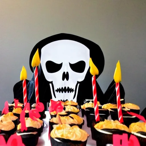 Prompt: the grim reaper at a birthday party looking sad