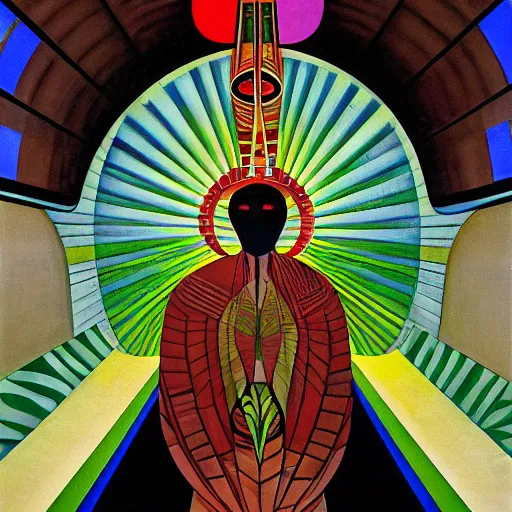 Prompt: the shaman of the subway, an art deco painting by leo and diane dillon and diego rivera, geometric designs, dramatic lighting, god rays, smooth, sharp focus, art brut, outsider art