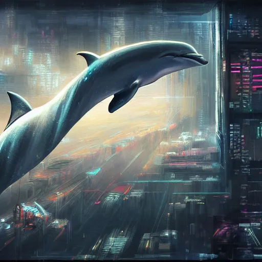 Image similar to concept art by jama jurabaev, brush stroke, robotic dolphin, scifi, cyberpunk, trending on artstation, high quality, extremely detailed