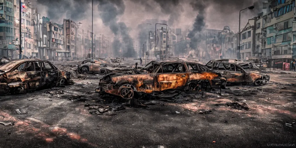 Image similar to post - apocalyptic kreuzberg streets, burned cars, explosions, colorful smoke, hyperrealistic, gritty, damaged, dark, urban photography, photorealistic, high details