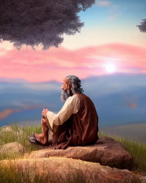 Image similar to an ancient jewish man looking over a strikingly beautiful stunning nature horizon, very realistic, highly detailed, photorealistic, dusk