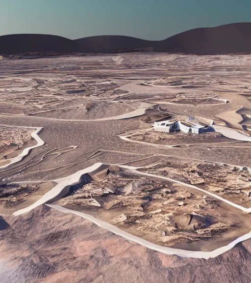 Prompt: hyperealistic render of a white bioremediation architecute in the mining tailings in chuquicamata city, atacama desert filled with stars at night, hazy and misty, uhd, high detail, corona render, unreal engine, ue 5, vray