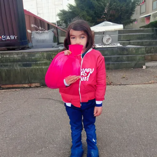 Prompt: charly with the racing jacket holding a jar of strawberry candy