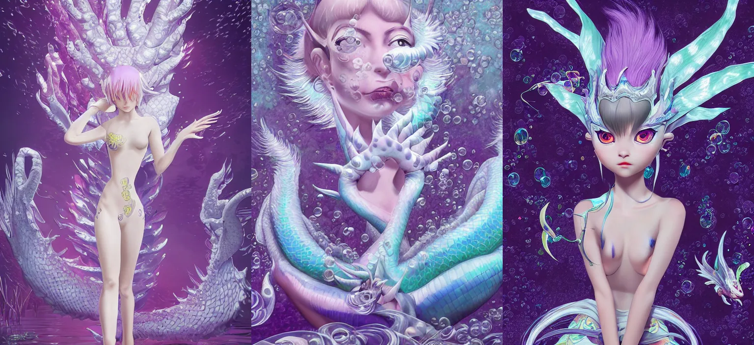 Prompt: Mizutsune, a beautiful monster covered white and purple scales, surrounded by bubbles, anthropomorphic (human), by Ilya Kuvshinov