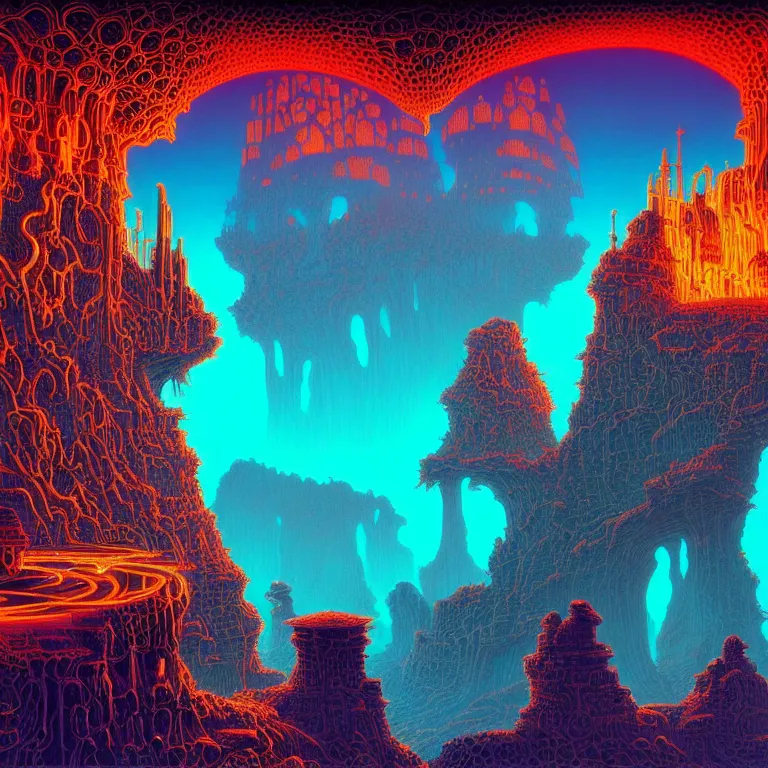 Prompt: mysterious skull castles in infinite circuit board valley, synthwave, fractal waves, bright neon colors, highly detailed, cinematic, tim white, roger dean, michael whelan, caza, bob eggleton, philippe druillet, vladimir kush, kubrick, alfred kelsner, vallejo