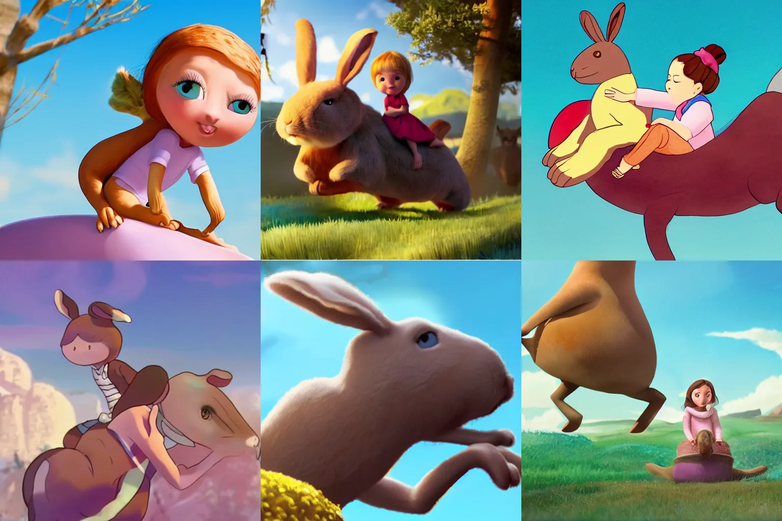 Prompt: A young girl riding on a giant rabbit in an animated style, stunning, award winning, sundance animation winner