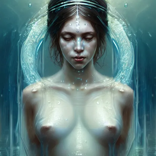 Prompt: a beautiful portrait of a water goddess with transparent skin pure white eyes by Greg Rutkowski and Raymond Swanland, Trending on Artstation, water background, ultra realistic digital art