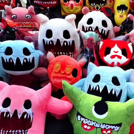 Prompt: scary demon plushies being sold at an amusement park, devilish, haunting, nightmare