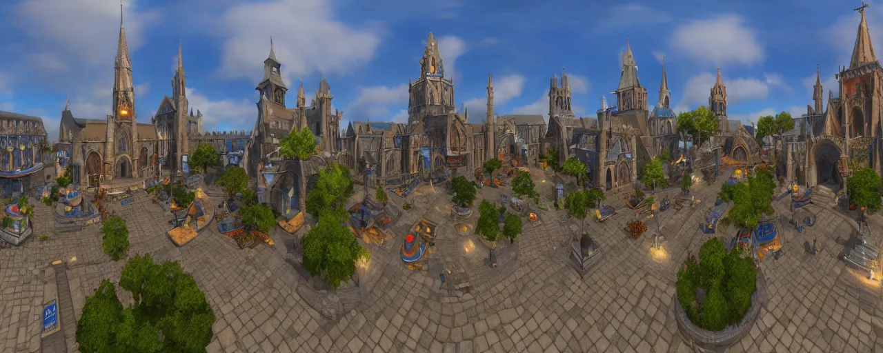 Image similar to 360 view of Cathedral Square in Stormwind City, panorama, unreal engine, 8k resolution