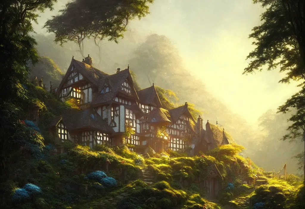 Prompt: a tudor house on a hillside surrounded by jungle with a gravel path leading towards it, blue sky, cinematic view, detailed architecture, concept art, high detail, well lit, volumetric, godrays, vivid, trending on artstation, by jordan grimmer, art greg rutkowski